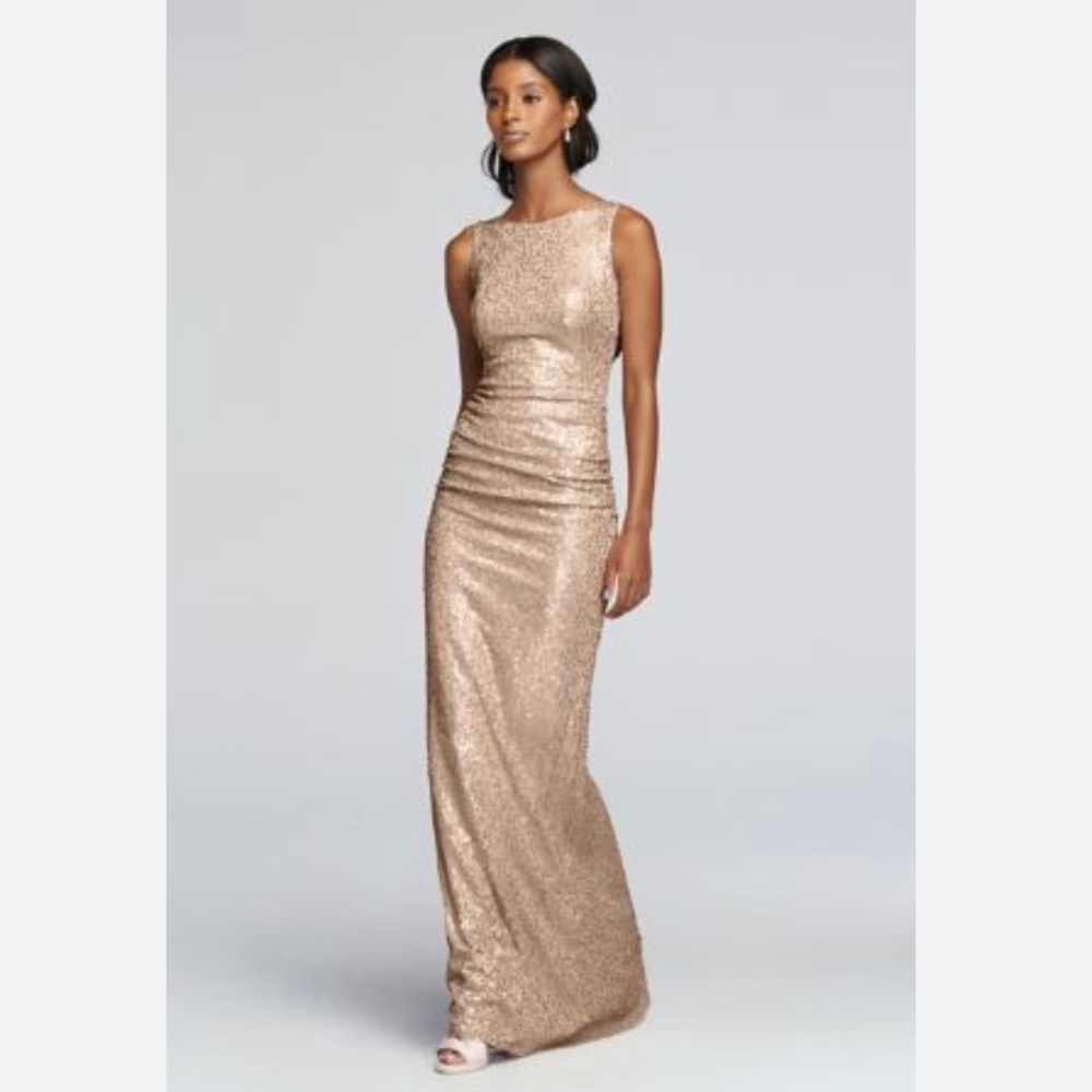 David’s Bridal Long Sequin Tank Dress with Cowl Back Gold Size S